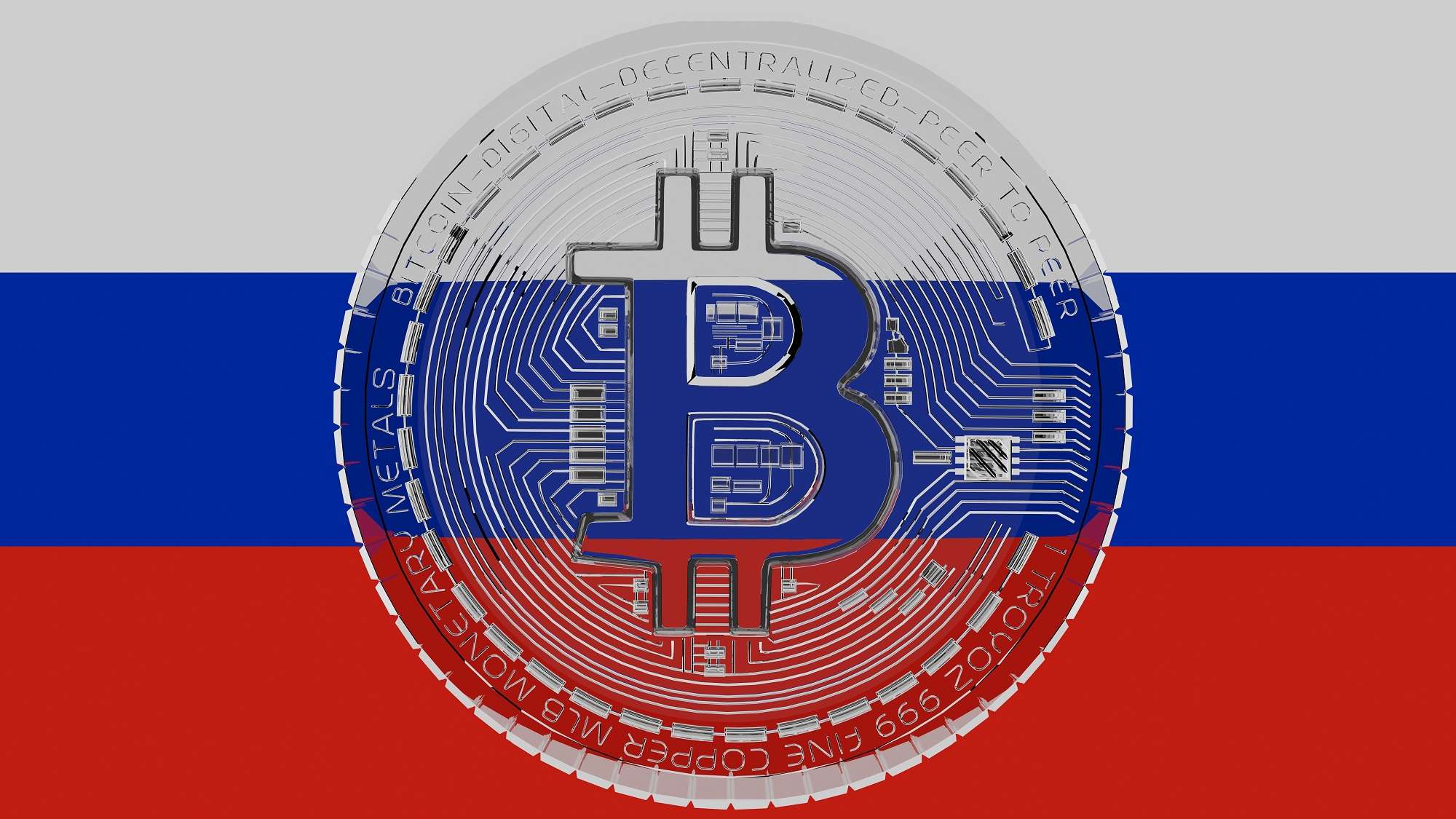 Прозрачный токен с логотипом Bitcoin в центре перед флагом России.